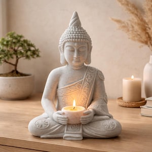 May include: A light grey Buddha statue in a seated meditation pose, holding a lit candle. The statue is on a wooden surface, with a small bonsai tree, a vase with dried plants, and a candle in the background. The candle flame glows brightly.