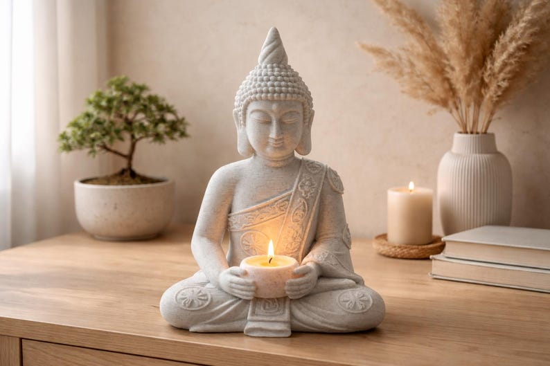 May include: A light grey Buddha statue in a seated meditation pose, holding a lit candle. The statue is on a wooden surface, with a small bonsai tree, a vase with dried plants, and a candle in the background. The candle flame glows brightly.