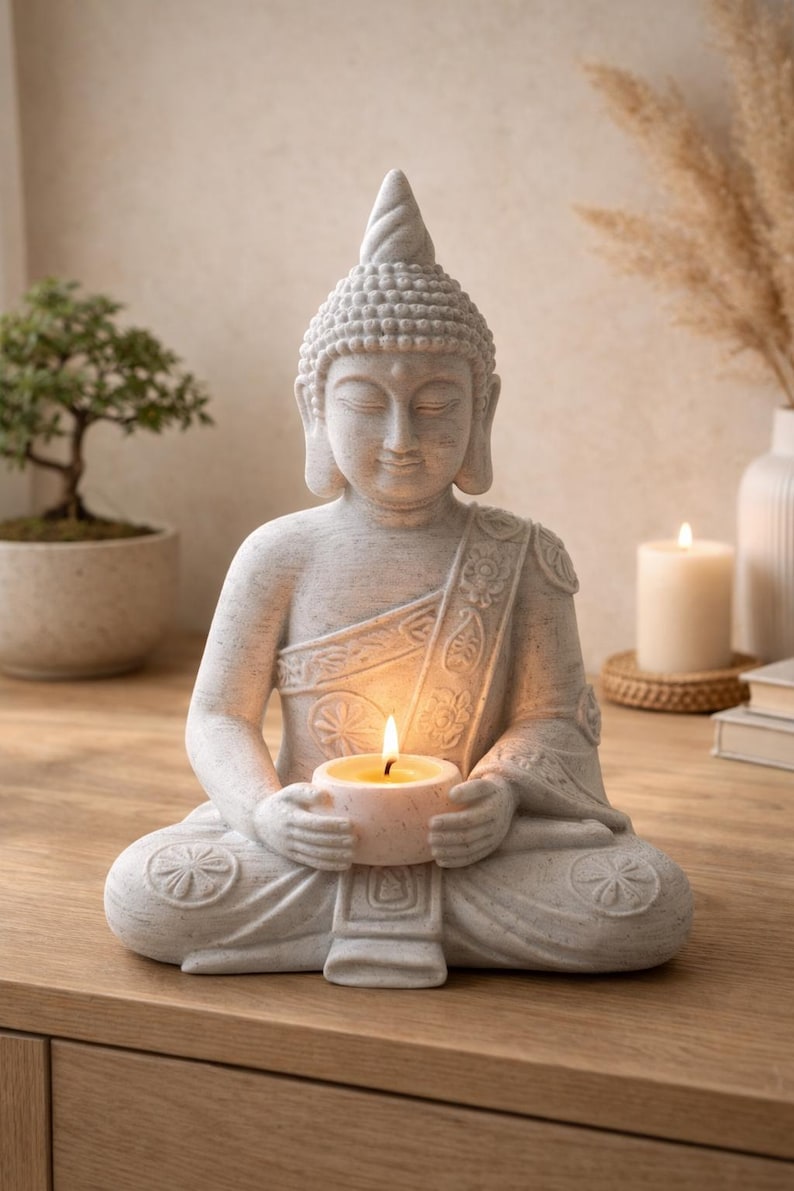 May include: A light grey Buddha statue in a seated meditation pose, holding a lit candle. The statue has detailed carvings and sits on a wooden surface. The candle flame provides a warm glow, enhancing the peaceful atmosphere.
