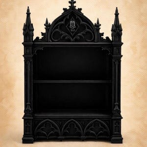 May include: A black gothic bookshelf with two shelves. The design includes pointed arches, spires, and decorative carvings, resembling a cathedral. The background is a light beige colour. The bookshelf is made of wood.