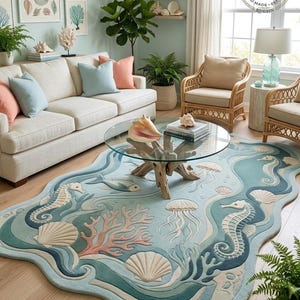 May include: An area rug with an irregular, wavy edge featuring a light blue background with a raised, textured design of seahorses, jellyfish, fish, coral, and seashells in shades of blue, cream, and soft pink, creating a coastal theme.