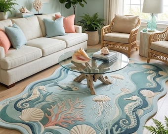 Tapis capitonné à la main hippocampe 100 % laine de Nouvelle-Zélande, tapis océan bleu vert méduse pastel, tapis corail maison de plage chambre de bébé, dimension personnalisée