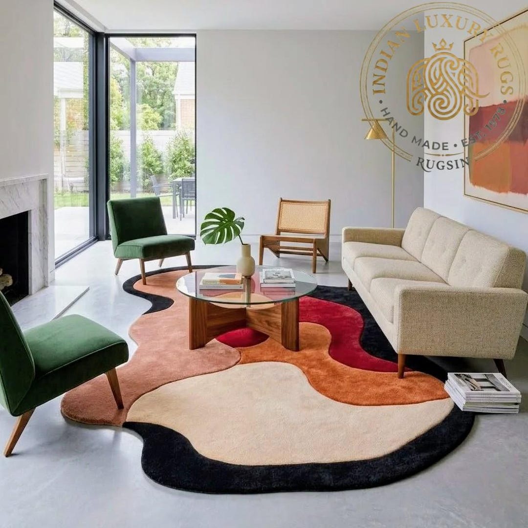 Hand-tufted New Zealand Wool Rug, Wavy Scalloped Checkerboard Design ...