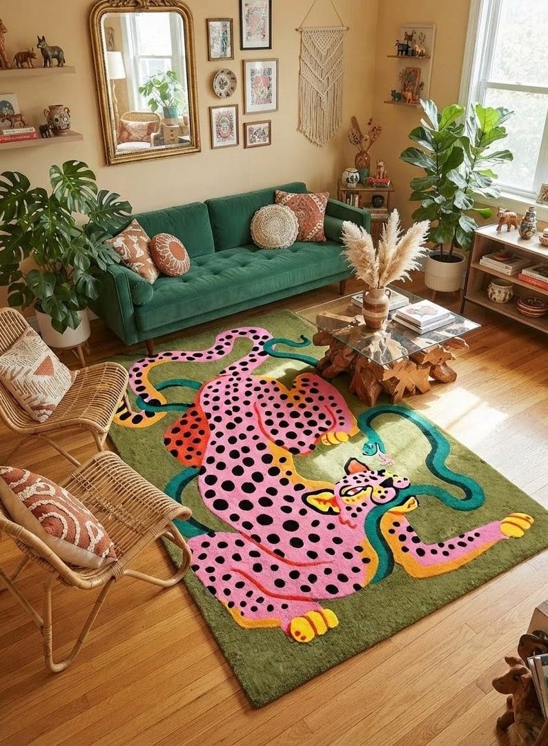Peut inclure: Un tapis rectangulaire repr&eacute;sentant un grand l&eacute;opard rose stylis&eacute; avec des taches noires et des accents jaunes sur un fond vert olive uni. Le l&eacute;opard est repr&eacute;sent&eacute; en position allong&eacute;e avec une longue queue sinueuse qui traverse le tapis.