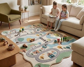 Tapis en laine touffeté à la main, carte routière pour enfants, tapis pour salle de jeux City Adventure