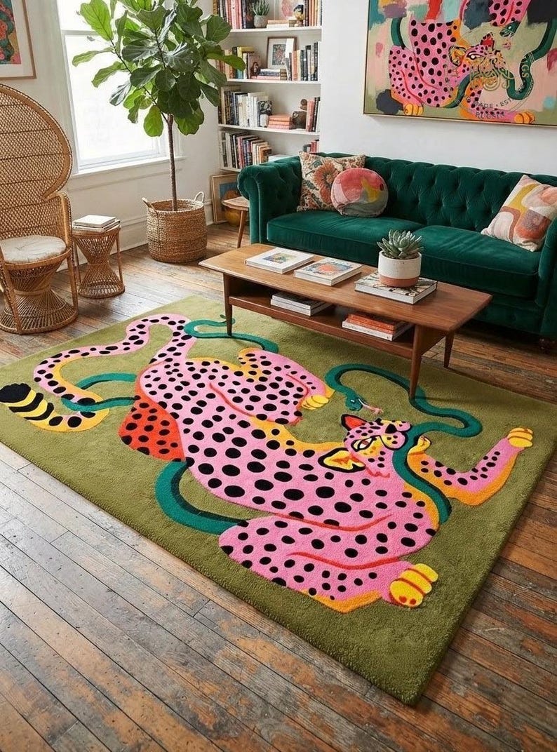 Peut inclure: Un tapis rectangulaire repr&eacute;sentant un grand l&eacute;opard rose stylis&eacute; avec des taches noires et des accents orange, entrelac&eacute; avec un long serpent vert sinueux. Le tapis pr&eacute;sente un fond vert olive uni et une surface textur&eacute;e et touffet&eacute;e.