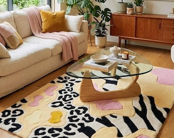 Hand Tufted Wool Rug: Abstract Animal Print, Zebra Leopard Eclectic Carpet