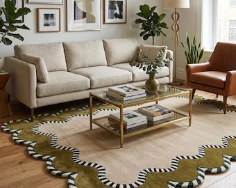 Tapis en laine touffeté main : tapis beige vert olive festonné avec bordure