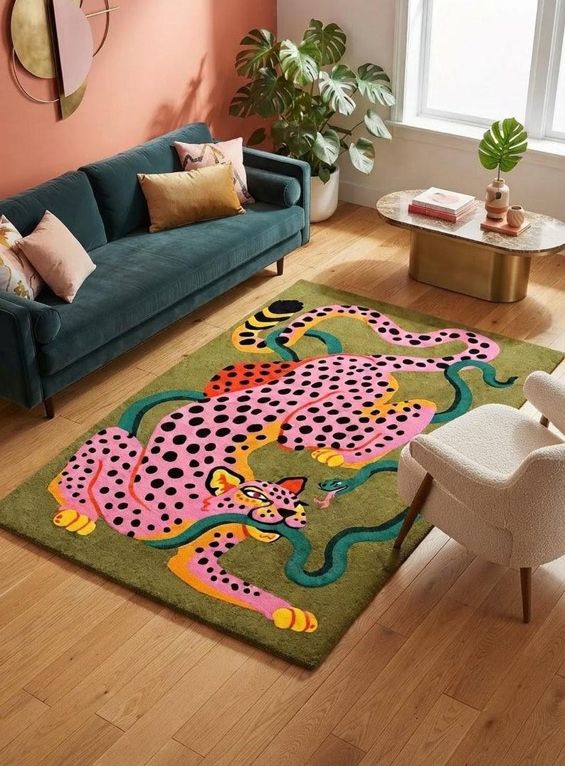 Peut inclure: Un tapis rectangulaire au fond vert olive orn&eacute; d'un grand l&eacute;opard rose stylis&eacute; couvert de taches noires. Le l&eacute;opard est repr&eacute;sent&eacute; dans une pose dynamique, interagissant avec un long serpent vert fonc&eacute; sinueux.