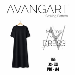 May include: A black Minimal Midi Dress sewing pattern. The dress is displayed on a hanger. The text "AVANGART Sewing Pattern" is at the top. The text "Minimal Midi DRESS" is in the center. The size is XS-5XL, PDF-A4.