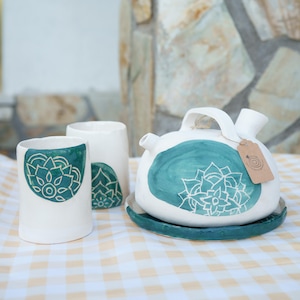 Handmade ceramic water jug, glasses, and plate; Mediterranean home decor; Spanish pottery. Mandala