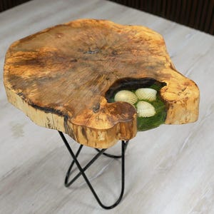May include: A side table featuring a natural live-edge wood slab top with a polished finish. A cutout section in the wood is filled with clear green resin containing three white seashells. The table stands on a black metal base with crossed legs.