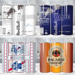 May include: A collection of insulated tumblers with various designs. The tumblers feature the Red Bull logo with "Coconut Edition" and "Blue Edition" text. Other tumblers display Pabst Blue Ribbon beer branding and Bacardi Oakheart branding. Each tumbler has a straw.