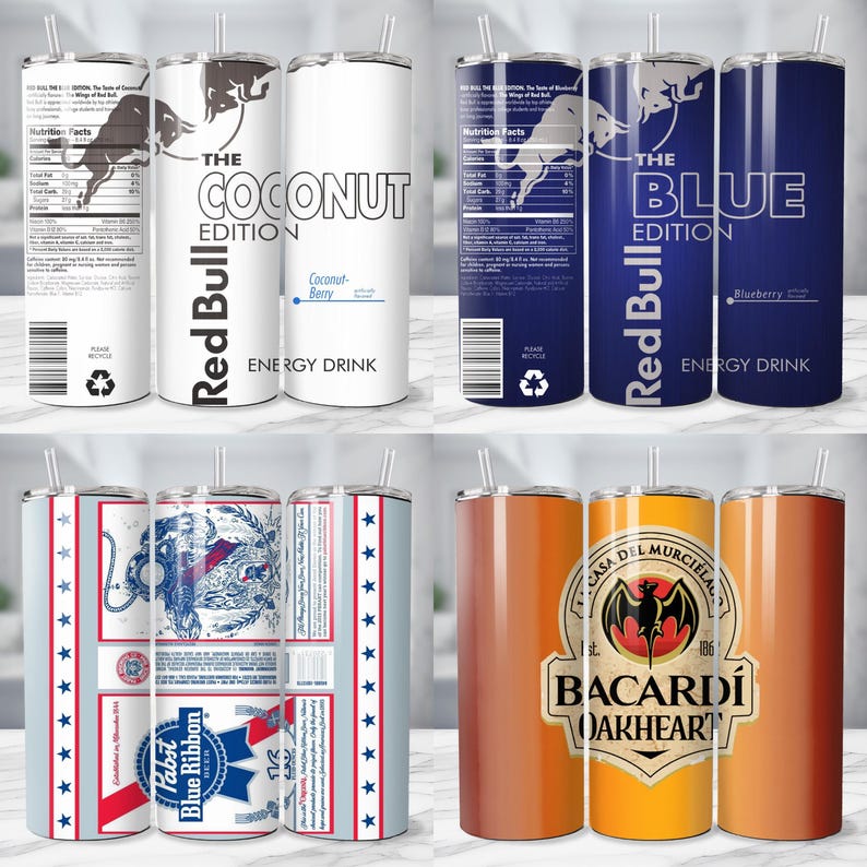 May include: A collection of insulated tumblers with various designs. The tumblers feature the Red Bull logo with "Coconut Edition" and "Blue Edition" text. Other tumblers display Pabst Blue Ribbon beer branding and Bacardi Oakheart branding. Each tumbler has a straw.