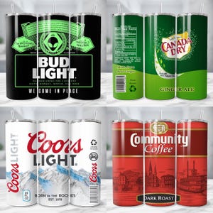 May include: Four stainless steel insulated tumblers with straws. Designs include Bud Light with an alien, Canada Dry Ginger Ale, Coors Light with a mountain scene, and Community Coffee Dark Roast.