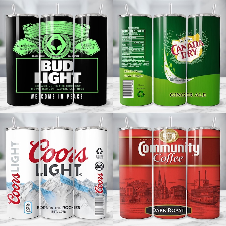 May include: Four stainless steel insulated tumblers with straws. Designs include Bud Light with an alien, Canada Dry Ginger Ale, Coors Light with a mountain scene, and Community Coffee Dark Roast.