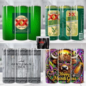May include: Several stainless steel tumblers with various designs. One features the Dos Equis beer logo, another the Dosaritas margarita label, a third has a wood barrel design with "Gentleman Jack" text, and the last one says "Happy Mardi Gras" with a cow.