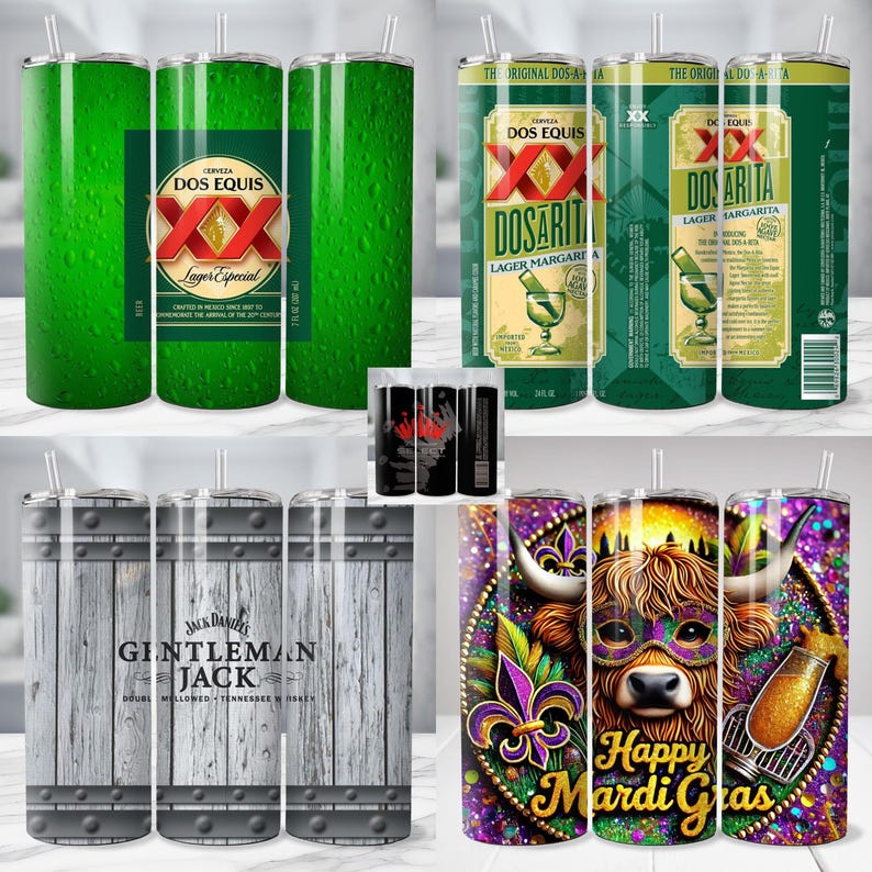 May include: Several stainless steel tumblers with various designs. One features the Dos Equis beer logo, another the Dosaritas margarita label, a third has a wood barrel design with "Gentleman Jack" text, and the last one says "Happy Mardi Gras" with a cow.