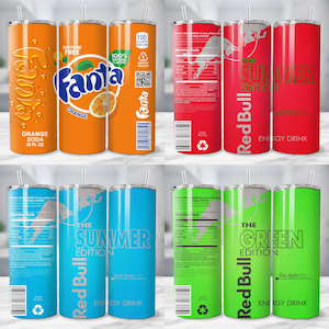 May include: A collection of insulated tumblers with various designs. The tumblers feature the Fanta and Red Bull logos, with text such as "Orange Soda," "Summer Edition," and "Green Edition." Each tumbler has a straw and a silver lid.