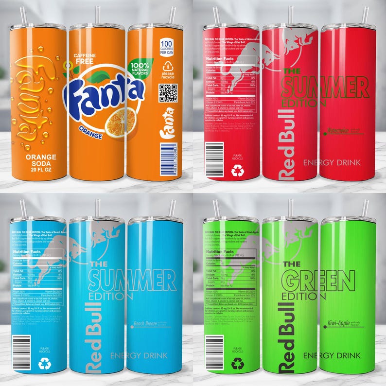 May include: A collection of insulated tumblers with various designs. The tumblers feature the Fanta and Red Bull logos, with text such as "Orange Soda," "Summer Edition," and "Green Edition." Each tumbler has a straw and a silver lid.