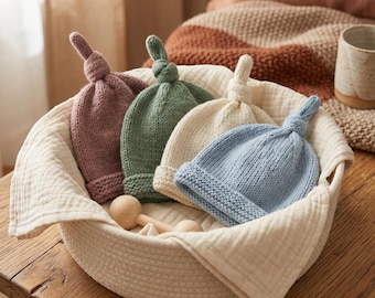 Top Knot Baby Beanie Knitting Pattern – 8 Sizes, Easy Hat, Preemie Knits (PDF Download)