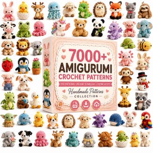 May include: A collection of numerous small crocheted amigurumi animal figures surrounding a box labeled 7000+ AMIGURUMI CROCHET PATTERNS. The figures include various creatures like rabbits, bears, dinosaurs, and sea life in diverse colors.