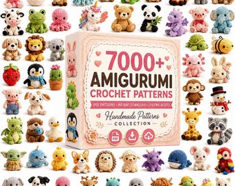 May include: A collection of numerous small crocheted amigurumi animal figures surrounding a box labeled 7000+ AMIGURUMI CROCHET PATTERNS. The figures include various creatures like rabbits, bears, dinosaurs, and sea life in diverse colors.