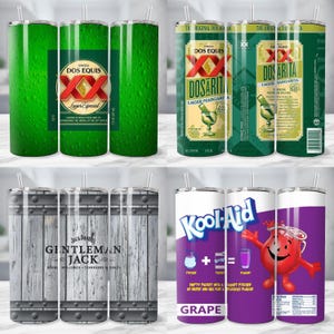 May include: Four stainless steel tumblers with various designs. One features a green beer label, another a Dos Equis Dosarita label, a third with a wood barrel design and the text "Gentleman Jack", and the last with a Kool-Aid Grape design.