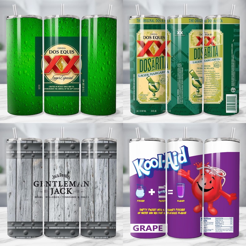 May include: Four stainless steel tumblers with various designs. One features a green beer label, another a Dos Equis Dosarita label, a third with a wood barrel design and the text "Gentleman Jack", and the last with a Kool-Aid Grape design.