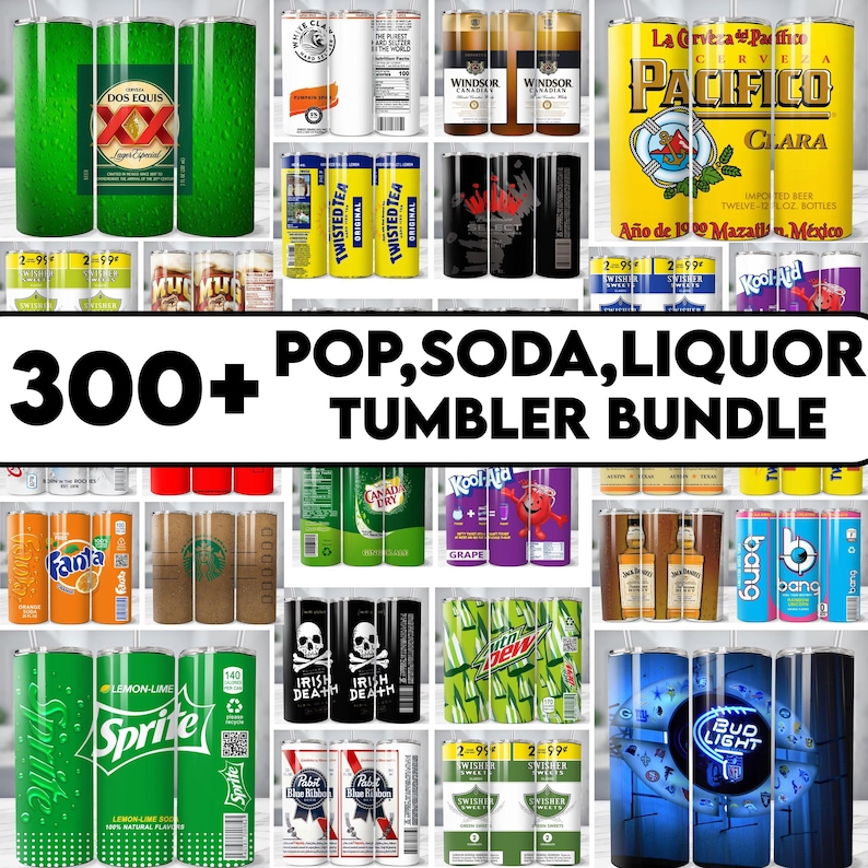 May include: A collection of drink tumblers featuring various brands, including Dos Equis, Twisted Tea, and Bud Light. The tumblers are in various colors and designs, with the text "300+ POP, SODA, LIQUOR TUMBLER BUNDLE" displayed prominently.