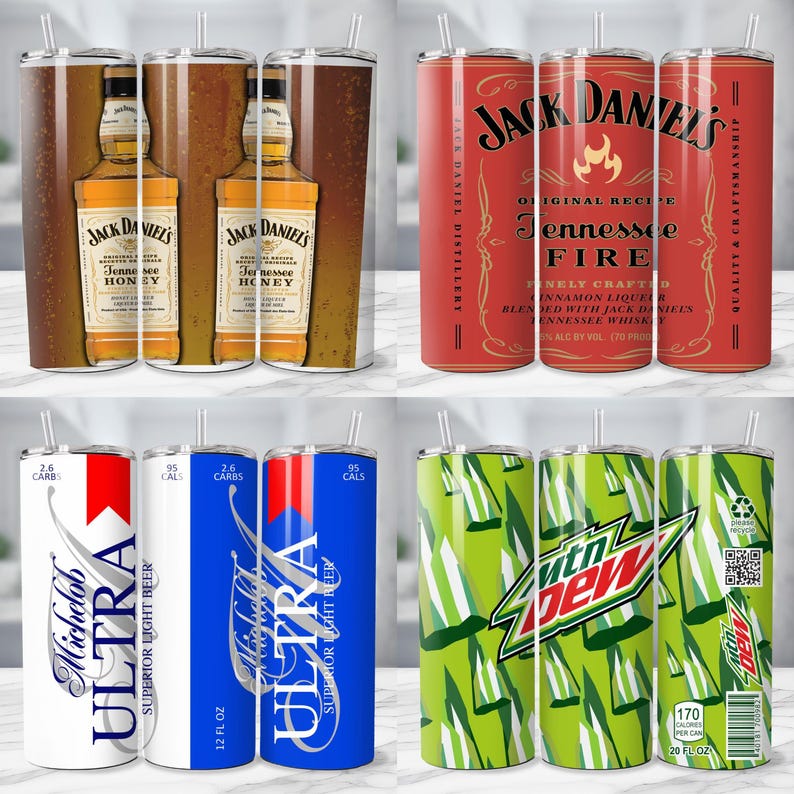 May include: A collection of insulated tumblers with various designs. One set features Jack Daniel's Tennessee Honey, another Jack Daniel's Tennessee Fire, and others showcase Michelob Ultra and Mtn Dew branding. Each tumbler includes a straw.
