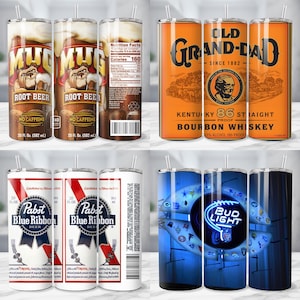 May include: A collection of four stainless steel insulated tumblers with straws. The tumblers feature designs for root beer, bourbon whiskey, Pabst Blue Ribbon beer, and Bud Light beer. Each tumbler is 20 fl oz (592 mL).