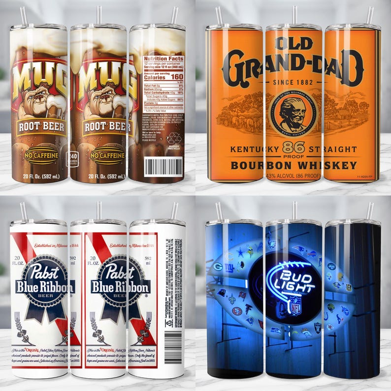 May include: A collection of four stainless steel insulated tumblers with straws. The tumblers feature designs for root beer, bourbon whiskey, Pabst Blue Ribbon beer, and Bud Light beer. Each tumbler is 20 fl oz (592 mL).