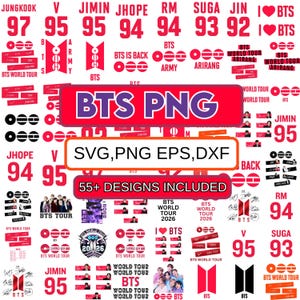 Op de afbeelding: Een verzameling digitale ontwerpen met BTS-thema's, inclusief logo's, tekst en afbeeldingen. De afbeelding bevat de tekst "BTS PNG" en "SVG, PNG EPS, DXF", samen met verschillende BTS-gerelateerde elementen, zoals namen van leden en tourdetails.