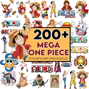Könnte beinhalten: Eine Sammlung farbenfroher digitaler Illustrationen mit Charakteren und Logos aus der Anime-Serie "One Piece". Das Bild enthält verschiedene Charakterposen, Logos und den Text "200+ MEGA ONE PIECE SVG+EPS+DXF+PNG BUNDLE."