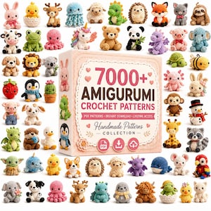 May include: A collection of numerous small, colourful crocheted amigurumi animal figures surrounding a central box with the text 7000+ AMIGURUMI CROCHET PATTERNS, PDF PATTERNS, INSTANT DOWNLOAD, LIFETIME ACCESS, and Handmade Patterns Collection.