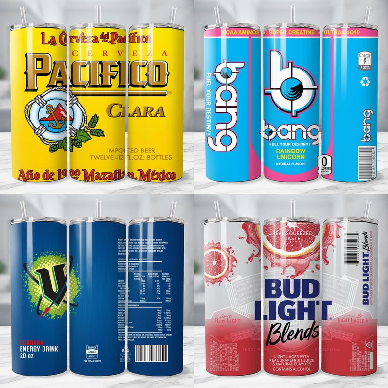 May include: A collection of insulated tumblers with various designs. One features the "Pacifico" beer logo, another displays "Bang" energy drink branding, and a third showcases "Bud Light Blends." Each tumbler includes a straw and is designed to keep beverages cold.