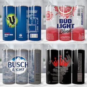 May include: A collection of four stainless steel insulated tumblers with various designs. One features a blue background with a green and yellow logo, another showcases a Bud Light Blends design, a Busch Light design, and a black tumbler with a red crown logo.