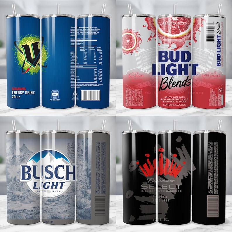 May include: A collection of four stainless steel insulated tumblers with various designs. One features a blue background with a green and yellow logo, another showcases a Bud Light Blends design, a Busch Light design, and a black tumbler with a red crown logo.