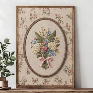 Faux Embroidery Floral Print | Cottagecore Wall Art | Vintage Botanical Digital Download | Grandmillennial Decor | Fake Needlepoint Poster