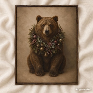 Könnte beinhalten: Ein gerahmter Wandkunstdruck, der einen Braunbären mit einem Kranz um den Hals zeigt. Der Kranz ist mit grünen Tannennadeln, kleinen roten Beeren, goldenen und violetten Ornamenten sowie einer kleinen goldenen Glocke verziert.