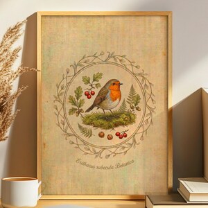 Faux Embroidery Robin Bird Print | Cottagecore Wall Art | Vintage Cross Stitch Digital Download | Fake Needlepoint Poster | Rustic Decor