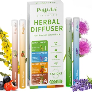 May include: A box set of Pufi Air Herbal Diffusers with four different aromas. The box is white with green text and images. Four sticks are visible, each with a different color and design. The text on the box says "Four Aromas in One Pack".
