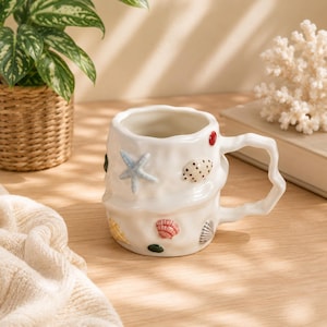 Seashell Ceramic Mug, Coastal Coffee Cup, Ocean Inspired Mug, Beach Lover Gift, Starfish Mug, Nautical Kitchen Decor, Unique Pottery Mug