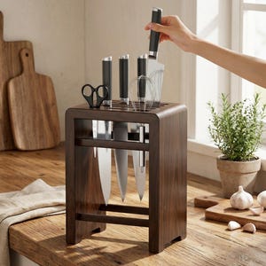 May include: A dark brown wooden knife block with a selection of knives, scissors, and a whisk. The block is on a wooden countertop. A hand is reaching for a knife.