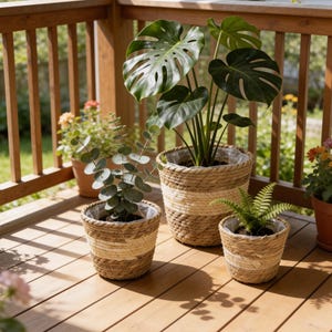 Ręcznie tkany kosz na rośliny, naturalna wiklinowa osłonka na doniczkę, kosz boho, ozdobny pojemnik na rośliny, rustykalny kosz na kwiaty