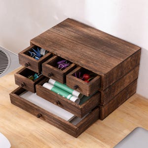 Solid Wood Desk Organizer with Drawers, Stackable Wooden Storage Box, Rustic Desktop Drawer Unit for Office and Jewelry
