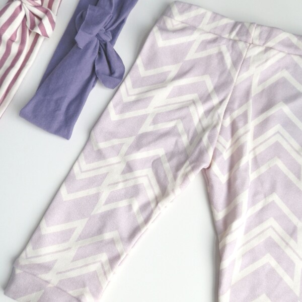 Baby Girl Hip Leggings, Modern Ikat Braid Print Leggings in Lilac with Matching Headbands, Organic Baby Leggings by Little Hip Squeaks