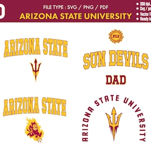 May include: A collection of Arizona State University graphics in gold, maroon, and white. The designs include the words "Arizona State" and "Sun Devils," along with the university's trident and mascot.