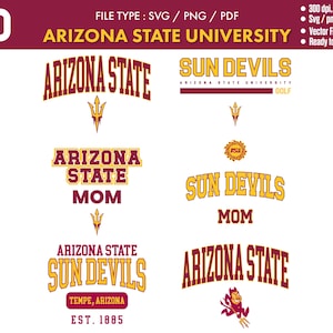 Op de afbeelding: Een verzameling Arizona State University-afbeeldingen in bordeauxrood en goud. De ontwerpen bevatten de woorden "Arizona State", "Sun Devils" en "Mom", samen met het logo van de universiteit en de tekst "Tempe, Arizona, EST. 1885."